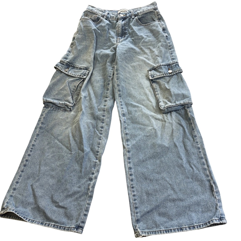 RSQ Cargo Jeans Women 27 Light Wash Blue Good Wide Leg High Rise Utility Denim